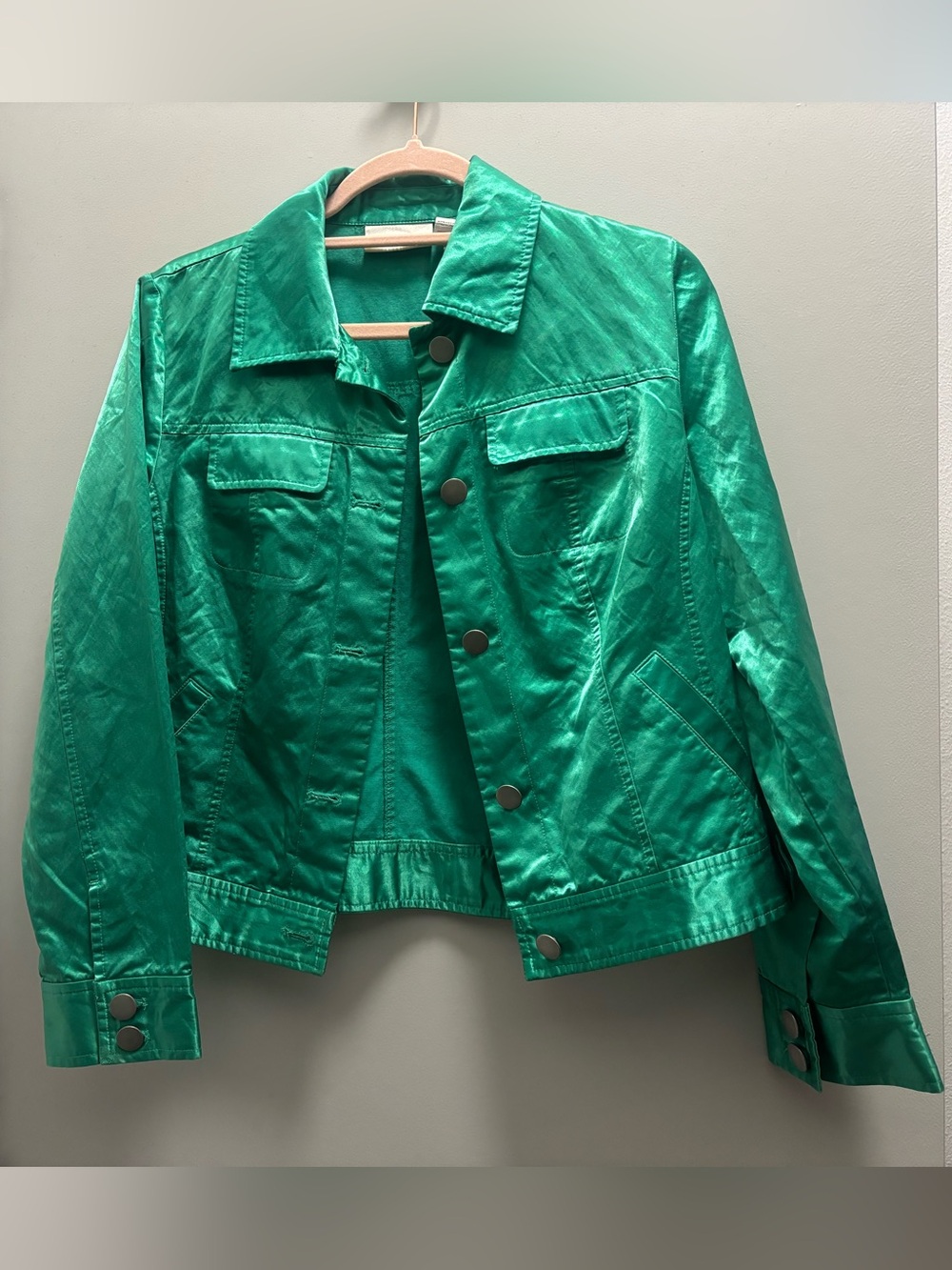 Chico's Shiny Emerald Green Trucker Jacket